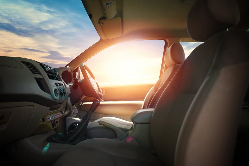 sunset, sunlight viewed from inside a car
