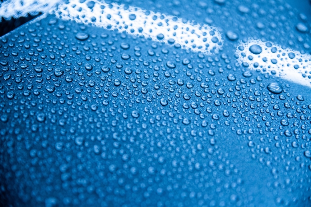 Close-up of water droplets demonstrating the hydrophobic effect on a car surface after applying a ceramic coating. The image shows a glossy, well-protected blue car surface in a detailing studio